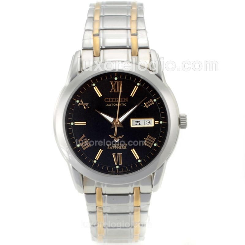 Citizen Automatic Gold Roman Markers with Black Dial S/S-18K Plated Gold Movement