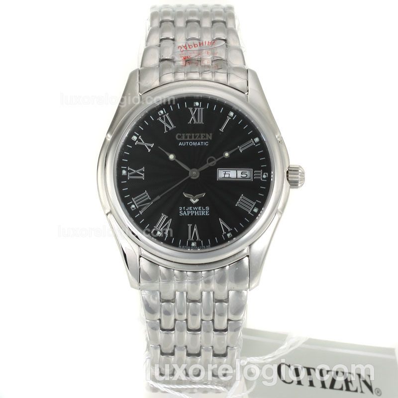 Citizen Automatic Silver Roman Markers with Black Dial S/S-18K Plated Gold Movement