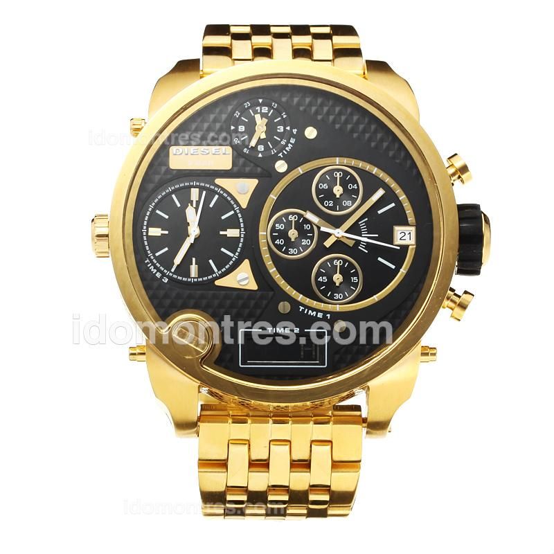 Diesel 3 Bar Four Time Zone Working Chronograph Full Yellow Gold with Black Dial