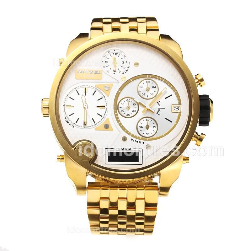 Diesel 3 Bar Four Time Zone Working Chronograph Full Yellow Gold with White Dial