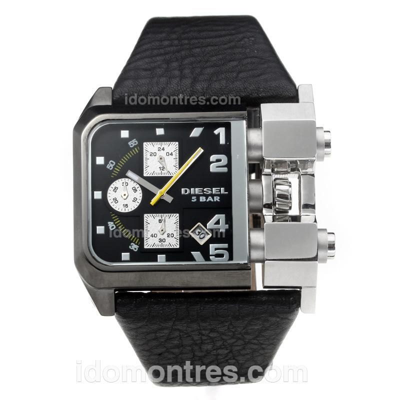 Diesel 5 Bar Working Chronograph with Black Dial-Black Leather Strap-Yellow Needle