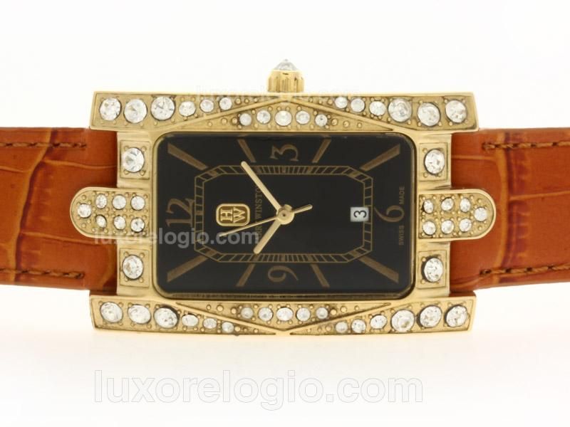 Harry Winston Avenue C Gold Case Diamond Bezel with Black Dial-Lady Size