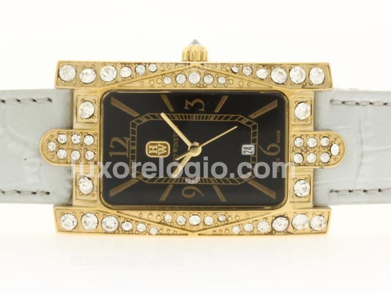 Harry Winston Avenue C Gold Case Diamond Bezel with Black Dial-Lady Size