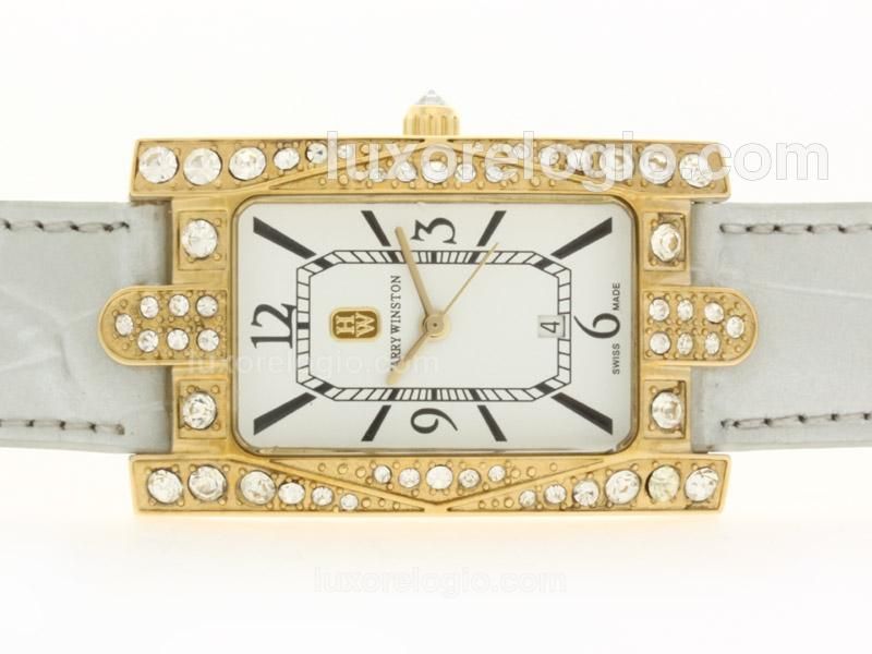 Harry Winston Avenue C Gold Case Diamond Bezel with White Dial-Lady Size