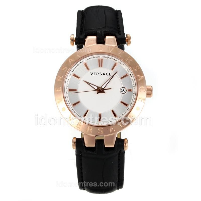 Versace Classic Rose Gold Case with White Dial-Black Leather Strap