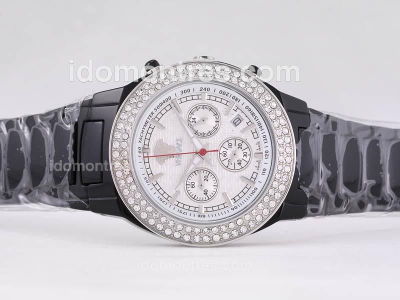 Versace DV One Working Chronograph Black Ceramic Coated Diamond Bezel with White Dial