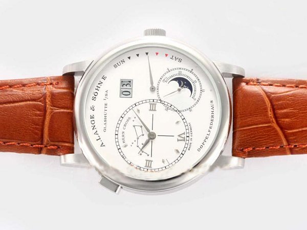 A.Lange Sohne Lange 1 Moonphase 109.025 Stainless Steel Bezel Brown Cow Leather Strap Mens Watch