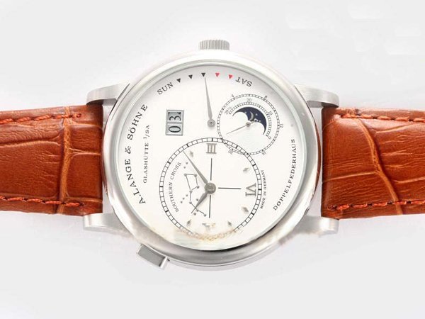 A.Lange Sohne Lange 1 Moonphase 119.026 Stainless Steel Bezel Mens Brown Cow Leather Strap Watch