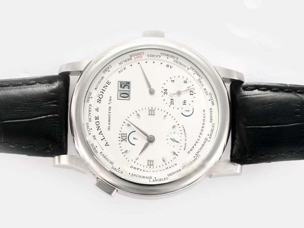 A.Lange Sohne Lange 1 Time Zone 116.025 Round Mens Black Cow Leather Strap Watch