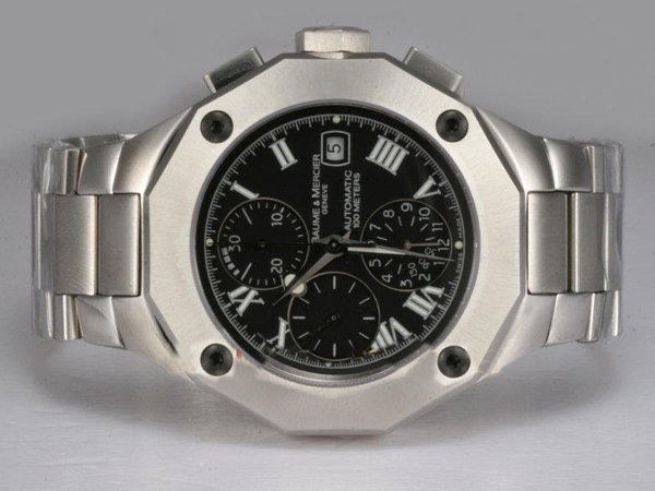 Baume Mercier Riviera XXL 8728 Stainless Steel Case Round Black Dial Watch
