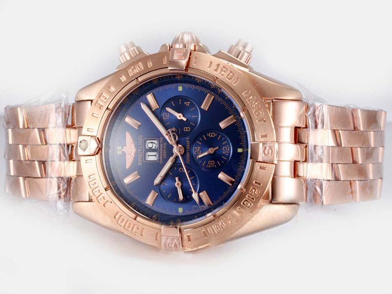 Breitling Blackbird Chronograph mit UTC A13350 Gold Rose Gold Strap Round Blue Dial Watch