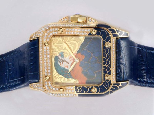 Cartier Santos 100 Only 2009 Mens 18k Gold Bezel Blue Ostrich Leather Strap Watch
