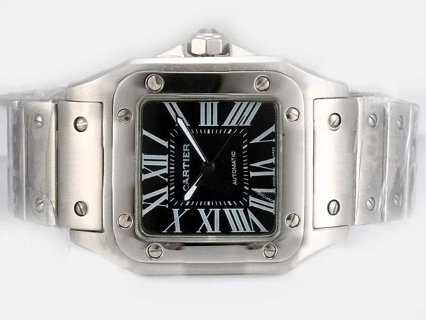 Cartier Santos 100 W200737G Stainless Steel Case Square Black Dial Watch