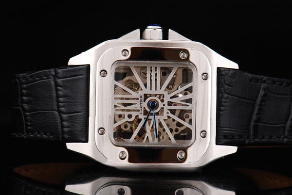Cartier Santos 100 w20106x8 Black Crocodile Leather Strap Square Gold Dial Watch