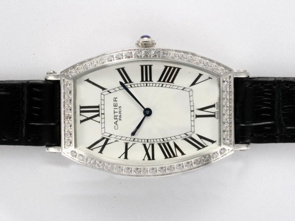 Cartier Tonneau WE400251 Black Cow Leather Strap White Dial Stainless Steel with Diamond Bezel Watch