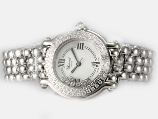 Chopard Happy Sport Round 278236-3016 Silver Stainless Steel Strap Diamond Bezel Womens Watch