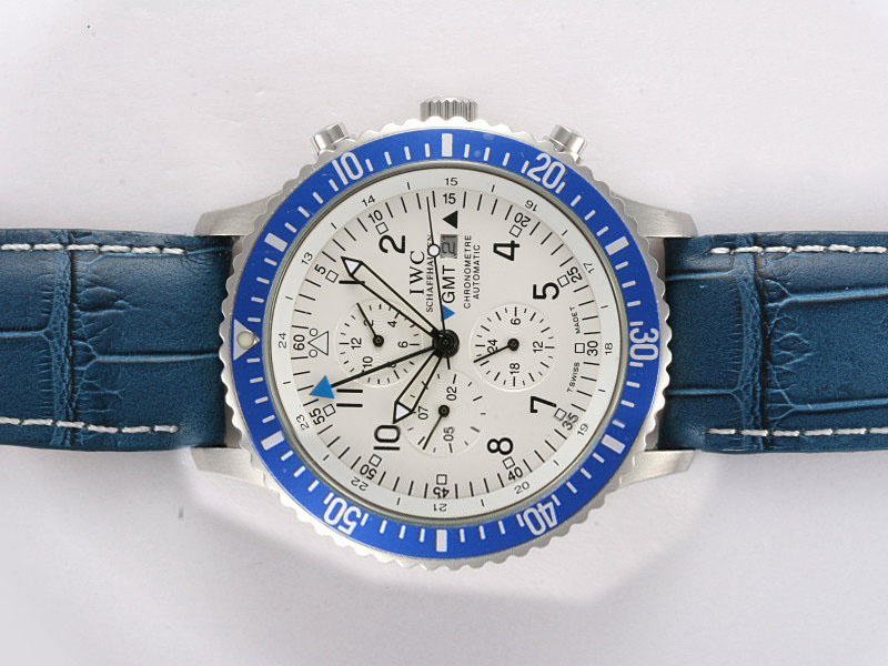 IWC Pilots Spitfire Double Chronograph IW371802 Round Blue Cow Leather Strap White Dial Watch