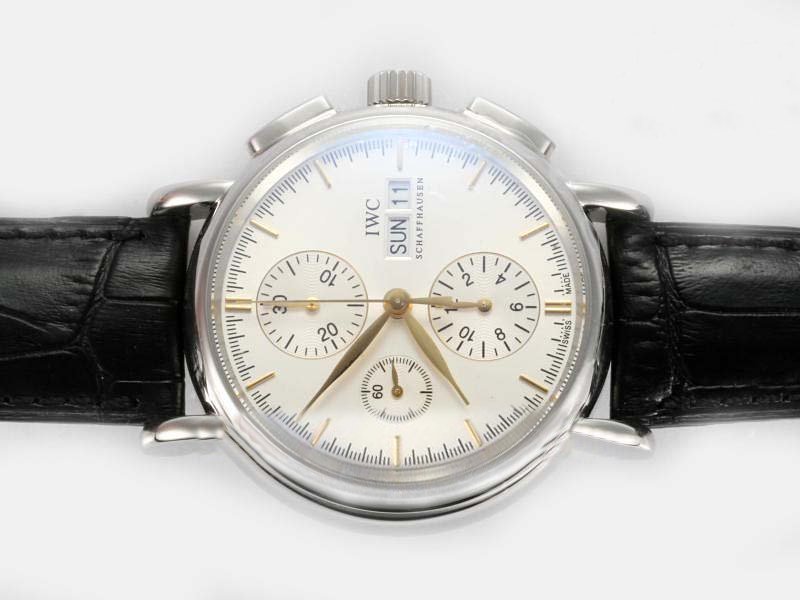 IWC Portofino Chronograph IW378303 Midsize Black Cow Leather Strap Stainless Steel Bezel Watch