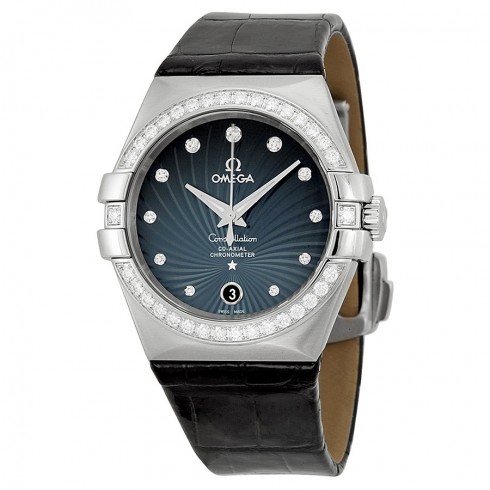 Omega Constellation Blue Diamond Dial Black Leather Men's Watch 12318352056001 Constellation