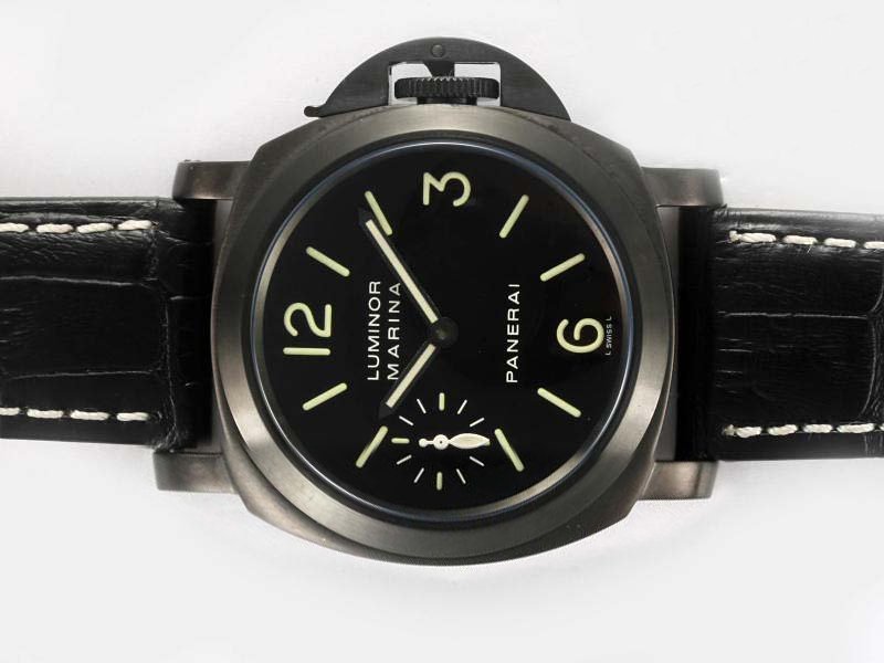 Panerai Luminor PAM 111 Black Dial PVD Bezel Black Ostrich Leather Strap Watch