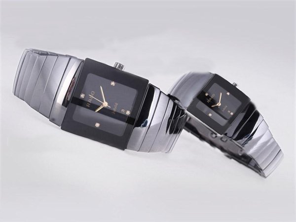 Rado DiaStar 25517 Silver Ceramic Strap Square Black Dial Watch