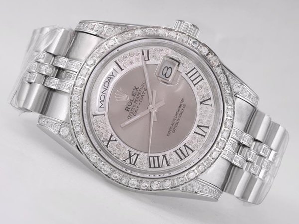 Rolex Day-Date 18239 Round Mens Silver Stainless Steel Strap Pink Dial Watch