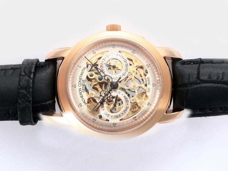 Vacheron Constantin Malte 13580 Yellow Gold Black Ostrich Leather Strap Gold Dial 38mm Watch