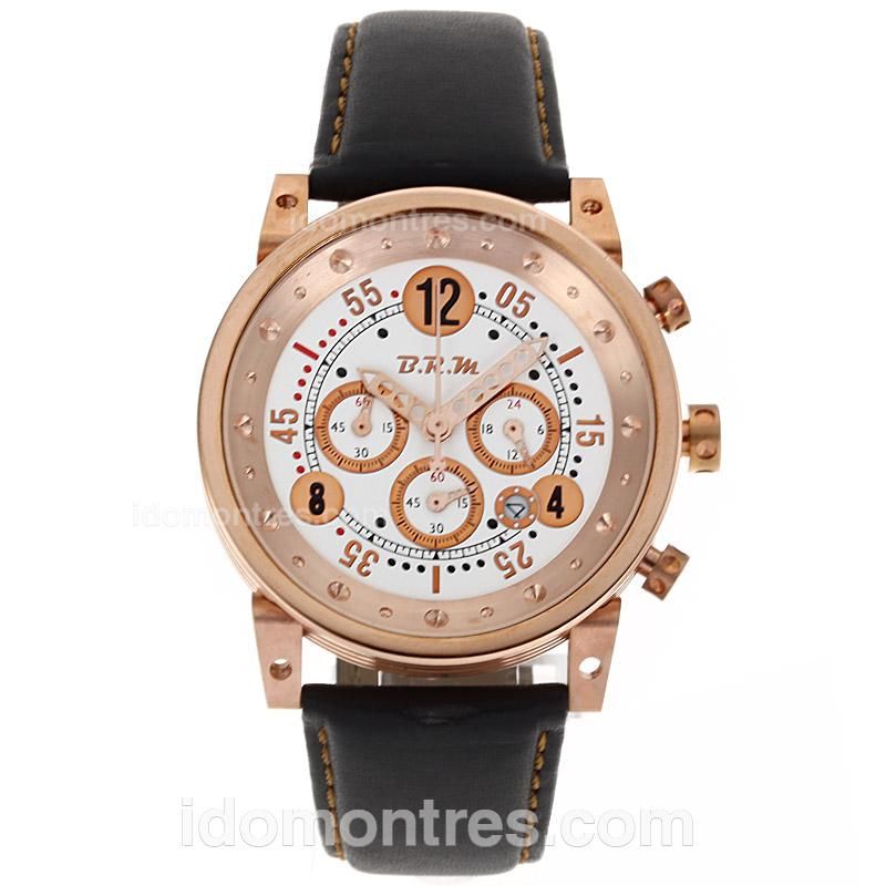 B.R.M GP40 Working Chronograph Rose Gold Case with White Dial-Leather Strap