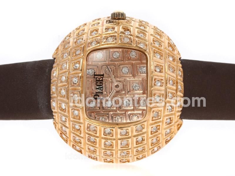 Piaget Limelight Party Rose Gold Case Diamonds with Brown Leather Strap-Lady Size