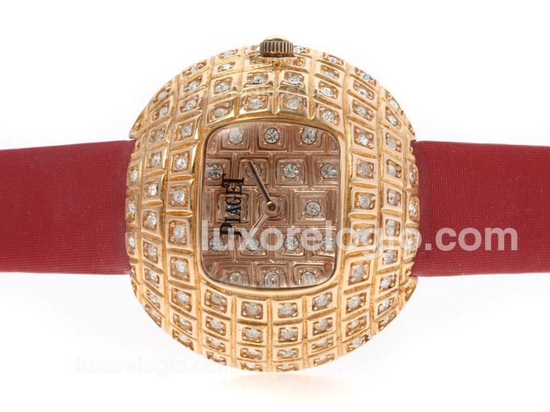 Piaget Limelight Party Rose Gold Case Diamonds with Red Leather Strap-Lady Size