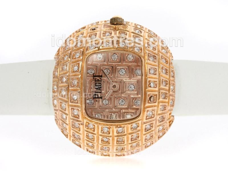 Piaget Limelight Party Rose Gold Case Diamonds with White Leather Strap-Lady Size