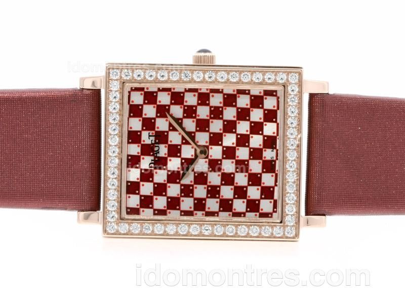 Piaget Limelight Rose Gold Case Diamond Markers and Bezel with Red Checkered Dial and Strap-Lady Size
