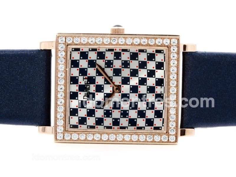 Piaget Limelight Rose Gold Case Diamond Bezel with Checkered Dial-Blue Leather Strap-Lady Size