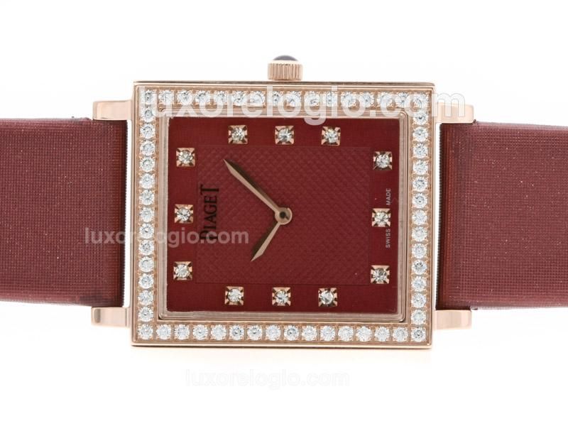Piaget Limelight Rose Gold Case Diamond Markers and Bezel with Red Dial and Strap-Lady Size