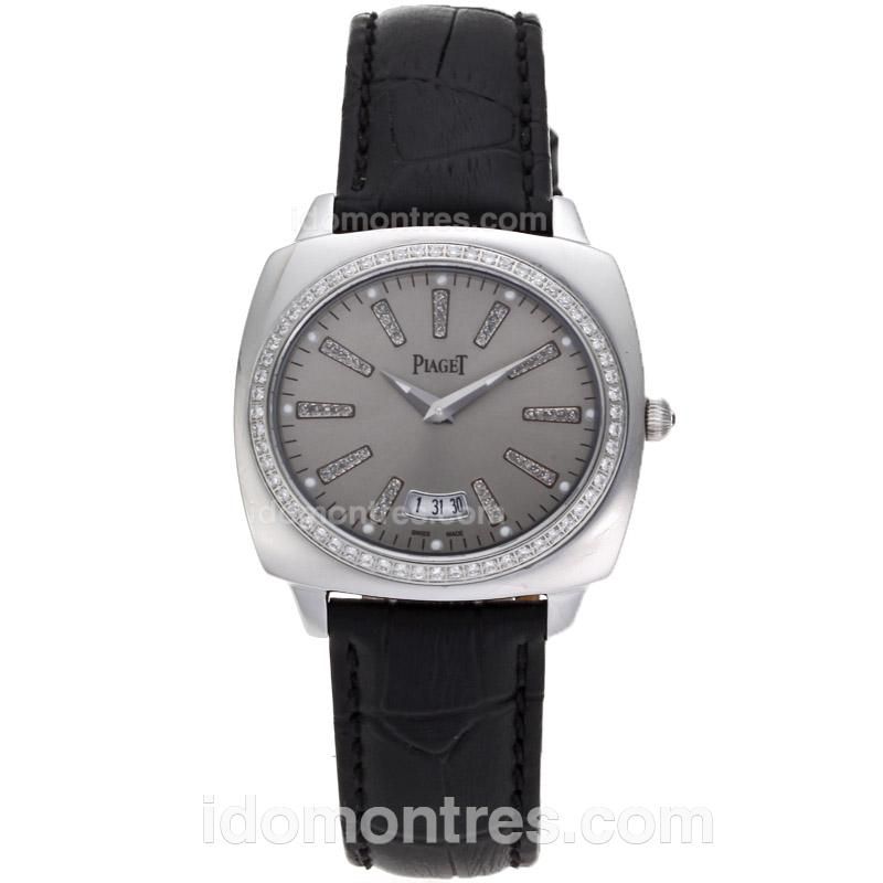 Piaget Polo Diamond Markers and Bezel with Gray Dial-Leather Strap