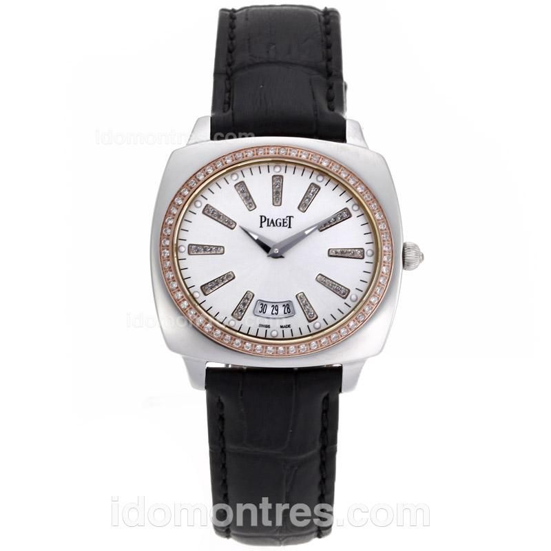 Piaget Polo Diamond Markers and Bezel with White Dial-Leather Strap