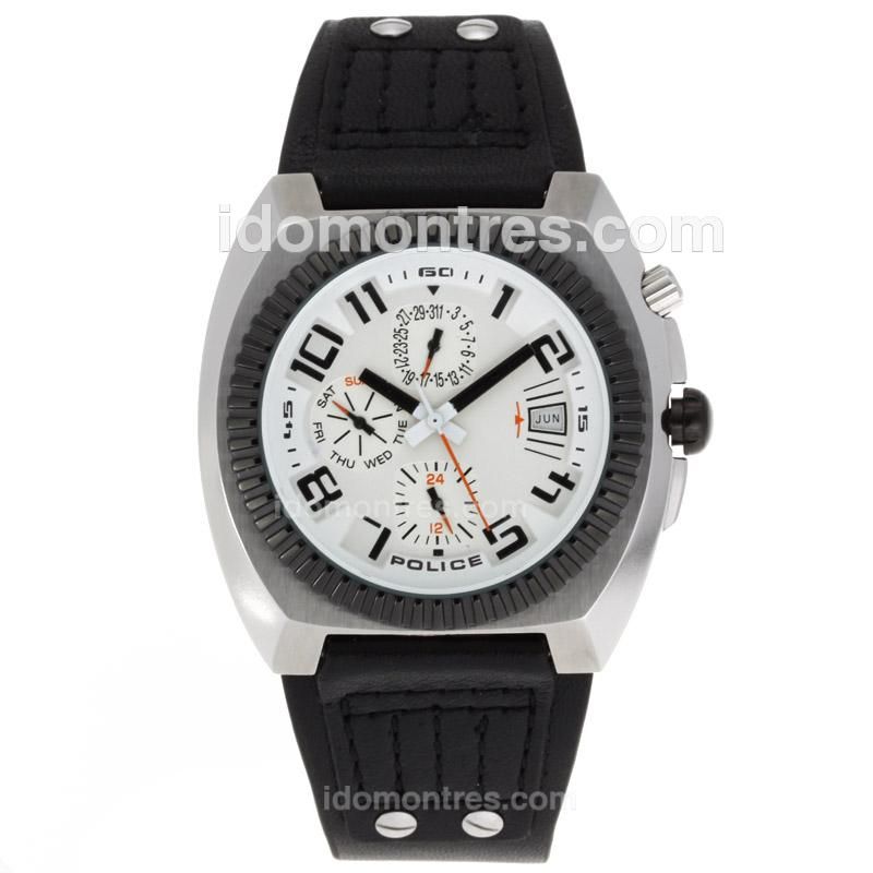Police Chronograph PVD Bezel with White Dial-Leather Strap