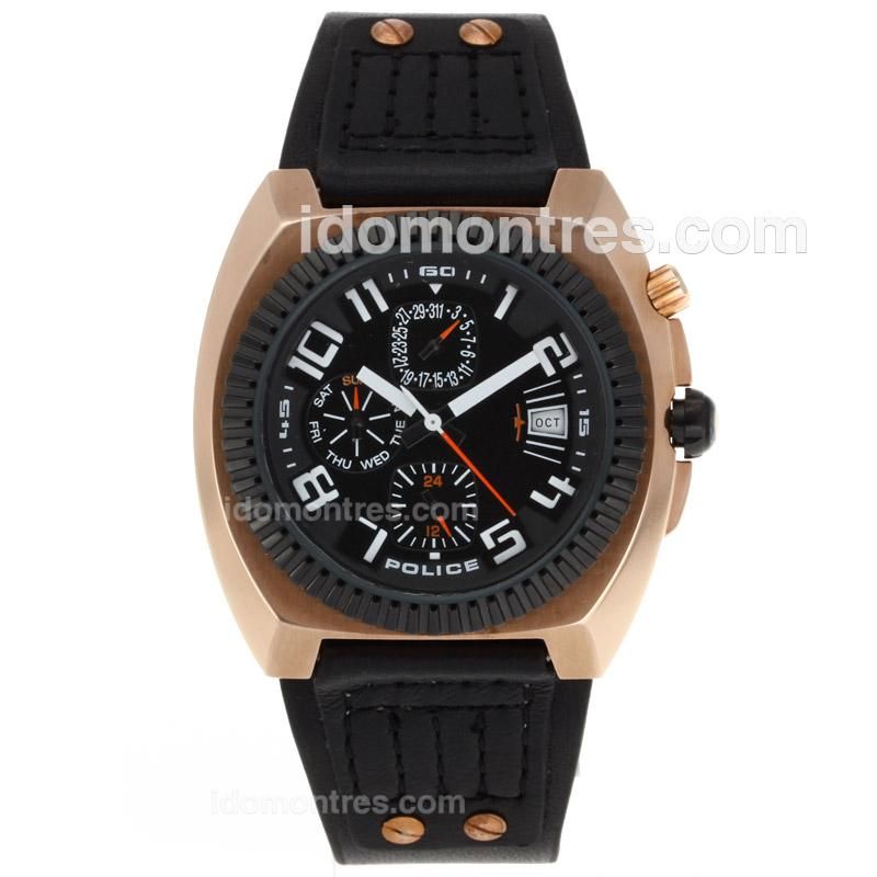 Police Chronograph Rose Gold Case PVD Bezel with Black Dial-Leather Strap