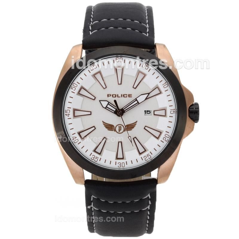 Police Classic Rose Gold Case with PVD Bezel and White Dial -Leather Strap