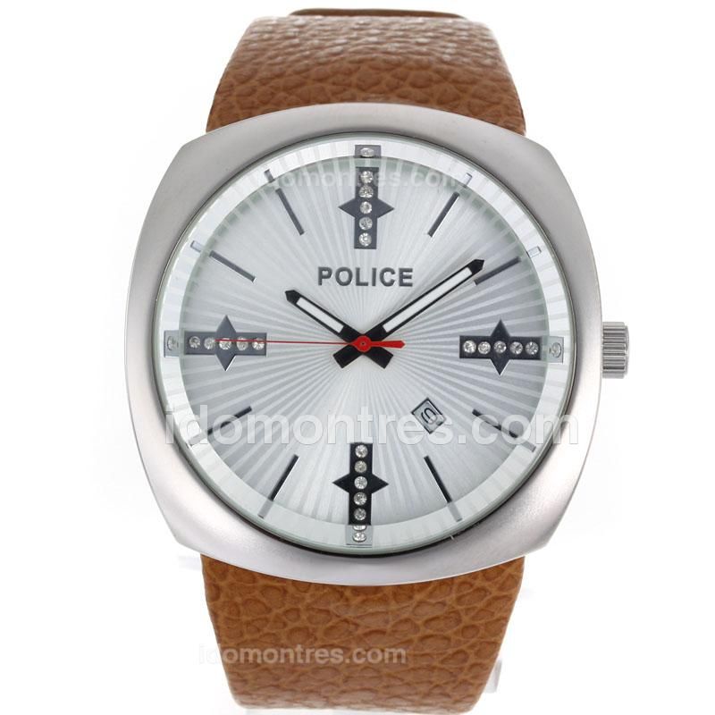 Police Diamond/Stick Markers with Silver Dial-Leather Strap