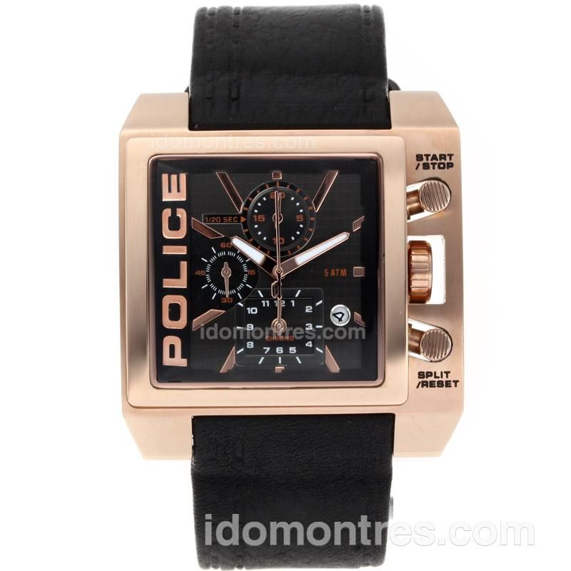 Police Nitro Working Chronograph Rose Gold Case with Black Checkered Dial-Leather Strap