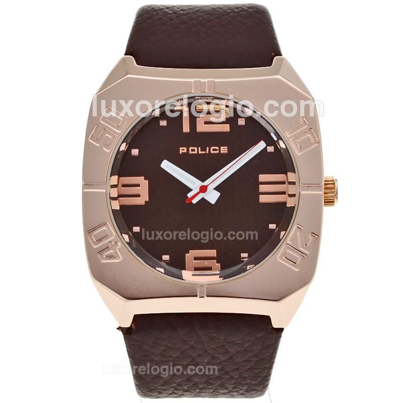 Police Rose Gold Case with Brown Dial-Leather Strap