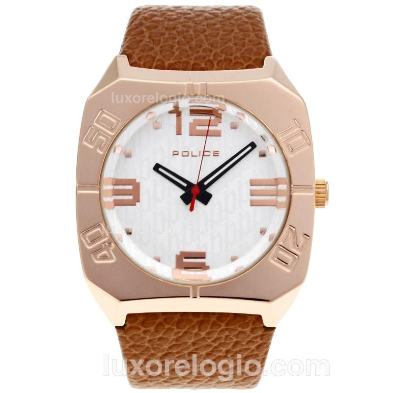 Police Rose Gold Case with White Dial-Leather Strap