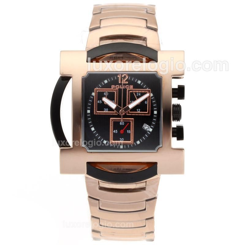 Police Working Chronograph Full Rose Gold Case with Black Dial