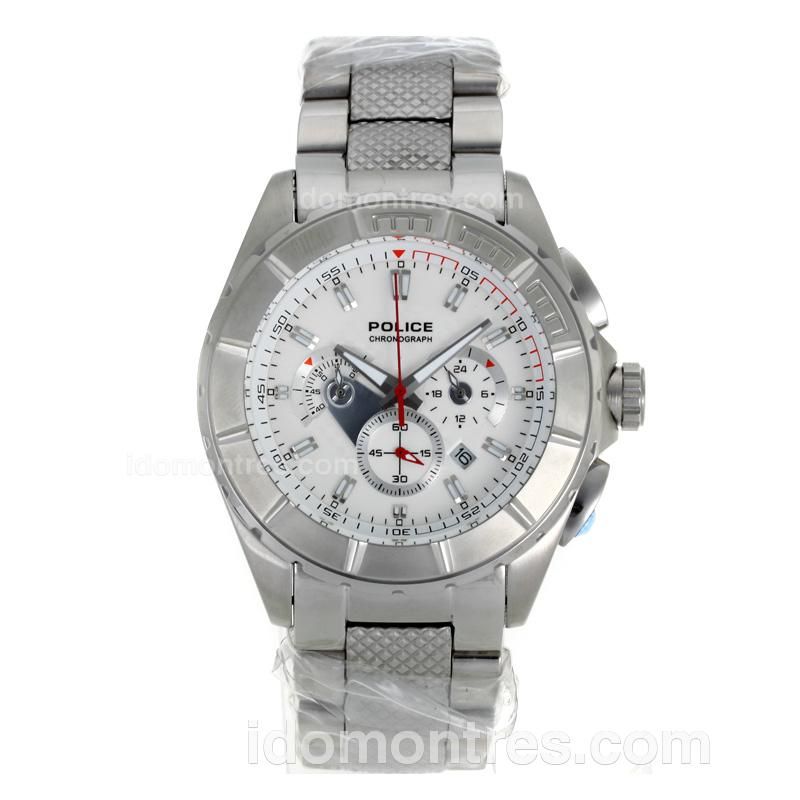 Police Working Chronograph with White Dial S/S