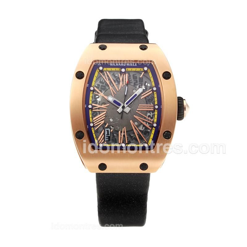 Richard Mille RM007 Automatic Rose Gold Case with Skeleton Dial-Blue Bezel
