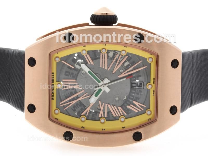 Richard Mille RM007 Automatic Rose Gold Case with Skeleton Dial-Yellow Bezel