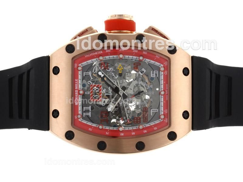 Richard Mille RM011 Automatic Rose Gold Case with Skeleton Dial-Red Bezel