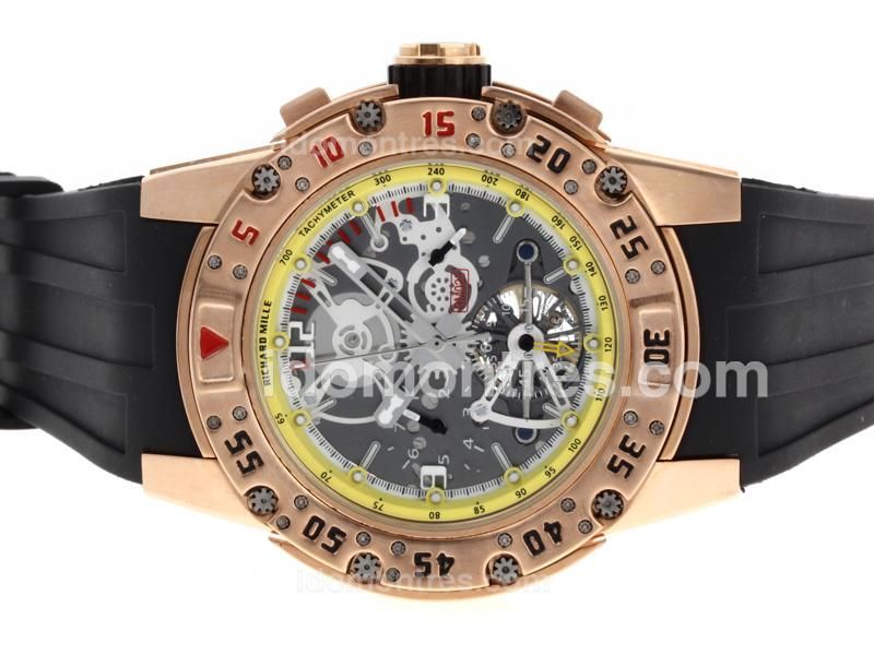 Richard Mille RM025 Automatic with Rose Gold Case and Skeleton Dial -Yellow Inner Bezel