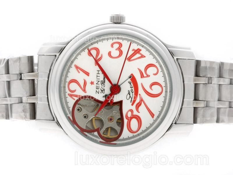 Zenith Star Open Queen Of Hearts Automatic Red Number Markers with White Dial S/S-Lady Size
